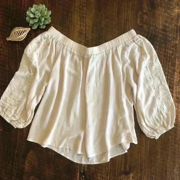 ASTR | Cream Off the Shoulder Flowy Gauze Top with Embroidery on Sleeves - Picture 2 of 7